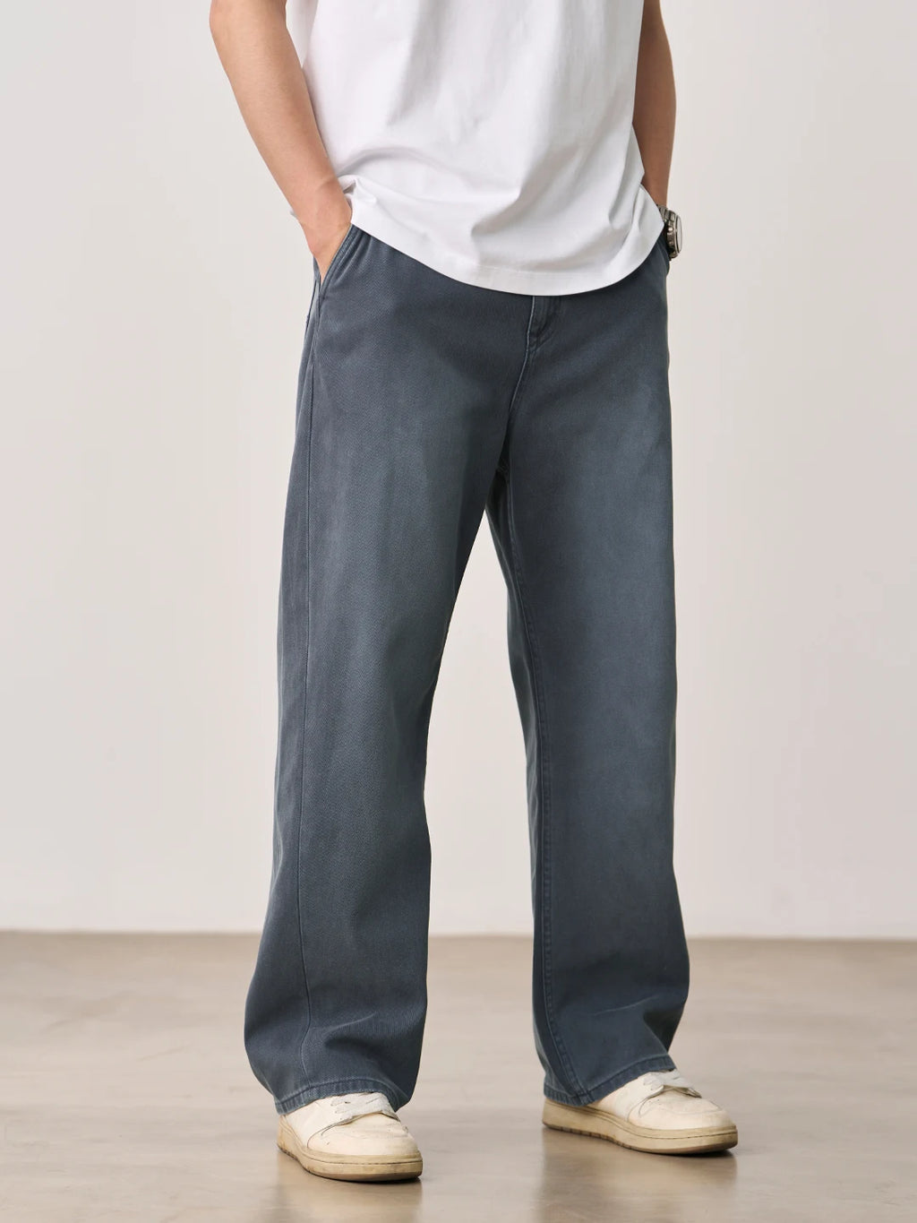 Curved Wide Leg Twill Denim Jeans