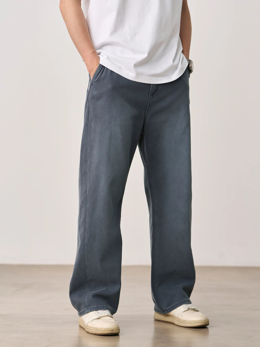 Curved Wide Leg Twill Denim Jeans